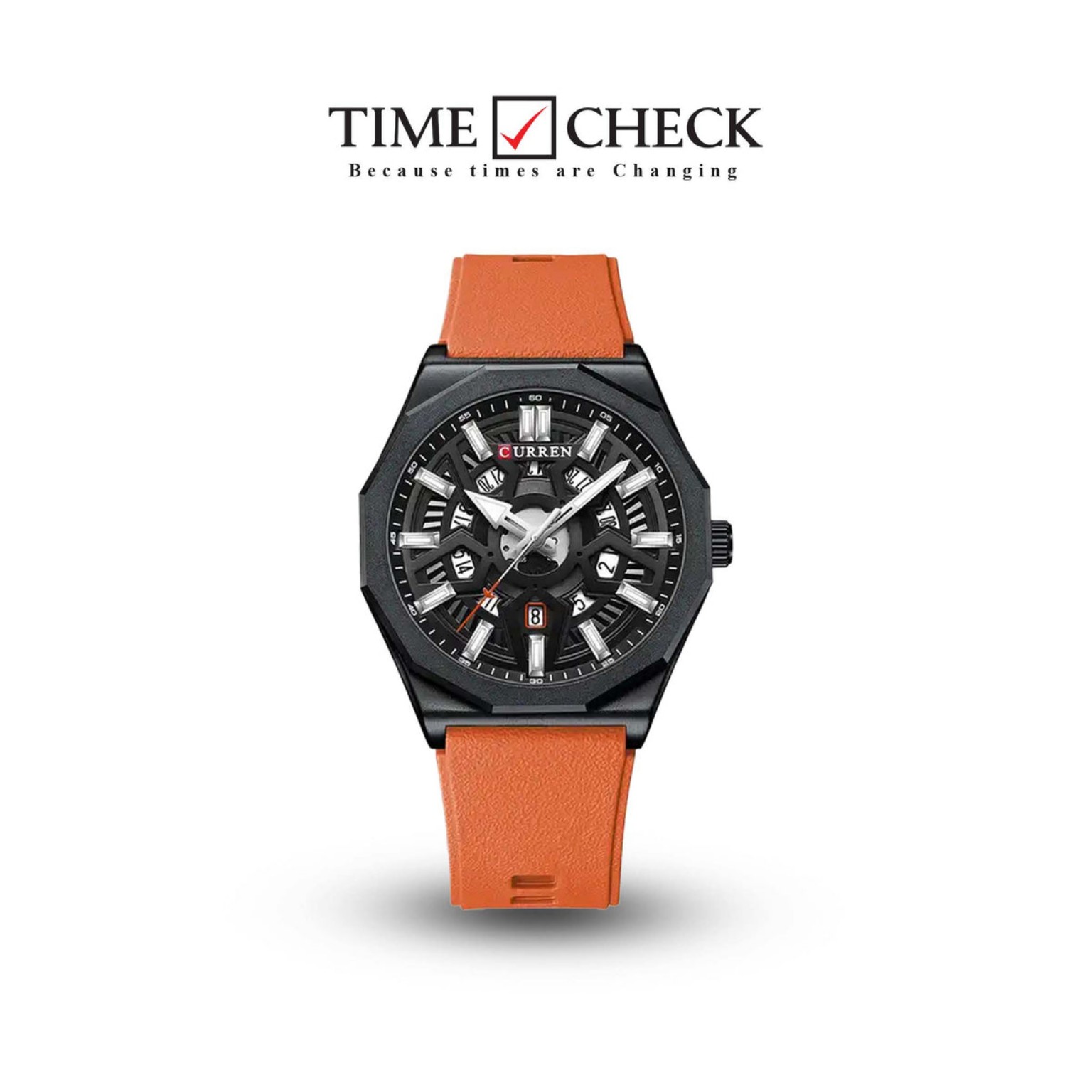 Curren black dial orange strap watch